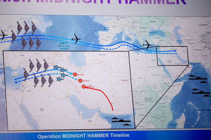 An operational timeline of a strike on Iran  displayed during a news conference at the Pentagon. Photograph: Andrew Harnik/Getty Images