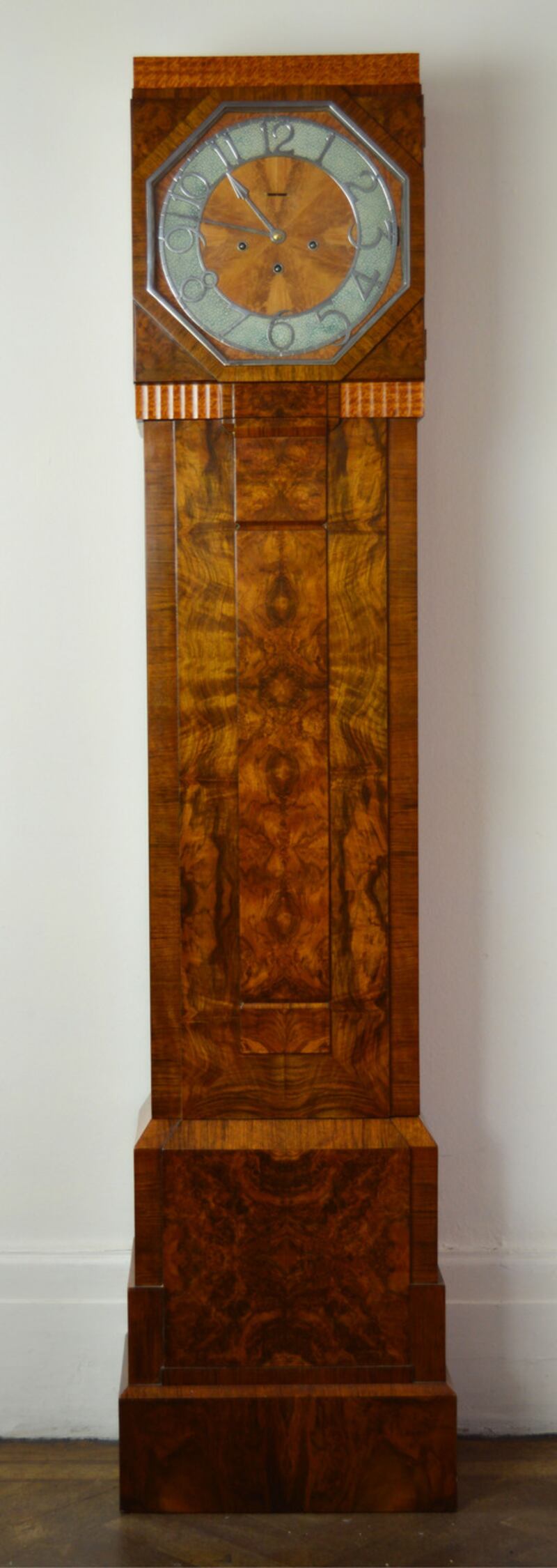 Rare art deco floor clock in walnut with a shagreen face will be on show at Timeless, the Irish Antique Dealers Fair, at the RDS September 13-15. €9,500 Jonathan Swire