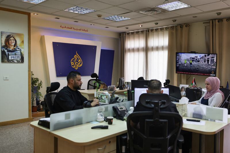 The Al Jazeera television network offices in Ramallah in the occupied West Bank that Israel's prime minister said his government has decided to shut down. Photograph by Zain Jaafar/ AFP via Getty Images