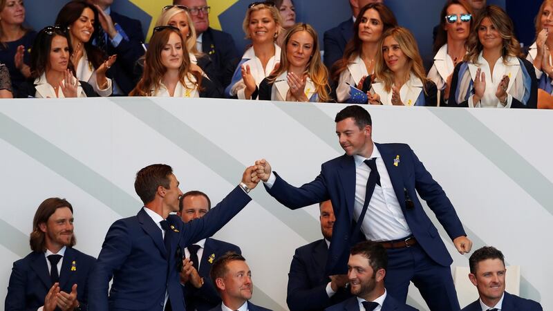 McIlroy and Olesen as they are announced as partners for the fourballs. Photo: Paul Childs/Reuters