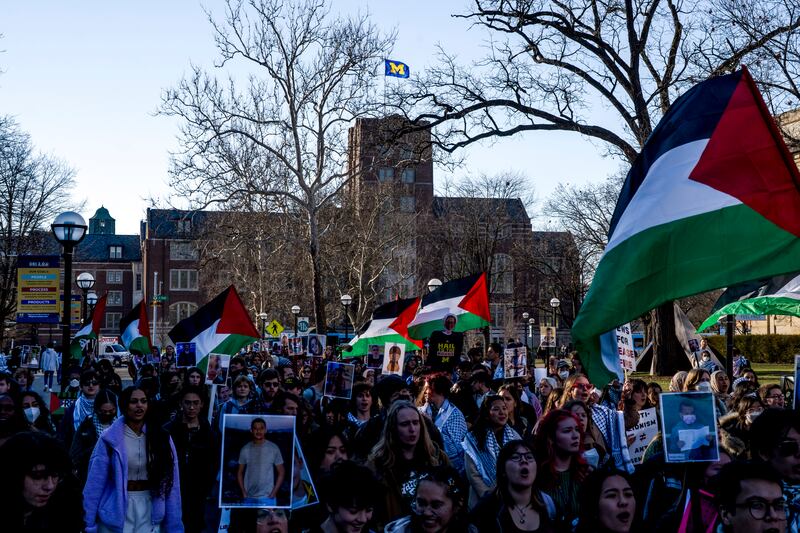 Some Palestinian organisers still maintain that Biden is the true threat, and that rhetoric from his Republican challenger cannot compare to policies that they say have already led to the killing of tens of thousands of Palestinians. Photograph: Nic Antaya/New York Times
                      