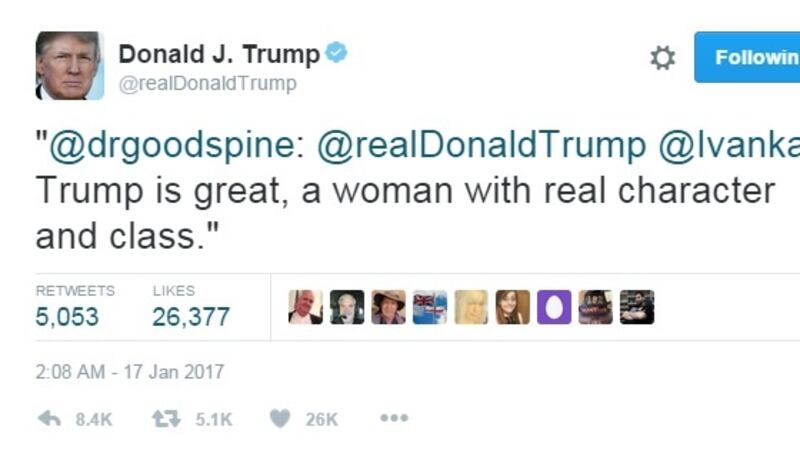 Donald Trump mistakenly retweets Ivanka Majic from Brighton instead of his daughter. Source: Donald J Trump Twitter page