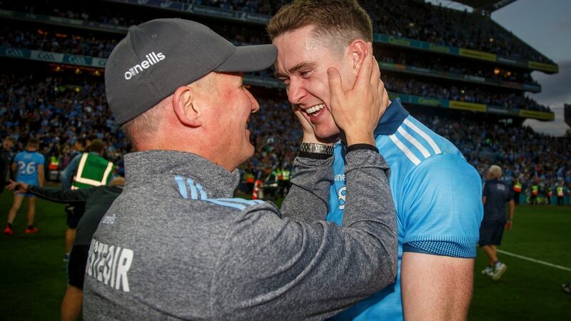 Dublin manager Jim Gavin celebrates with  Brian Fenton. Photograph: Oisín Keniry/Inpho