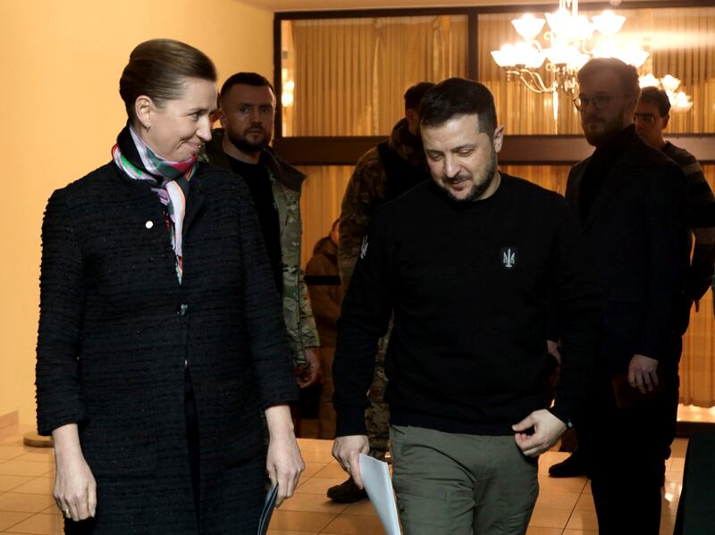 Danish prime minister Mette Frederiksen and Ukrainian president Volodymyr Zelenskiy met on Monday in Mykolaiv city. Photograph: Oleksandr Gimanov/AFP via Getty Images