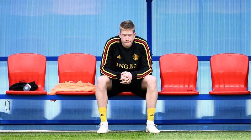 Belgium’s talisman midfielder Kevin De Bruyne during a training session at the Guchkovo Stadium in Dedovsk, outside Moscow, on Monday. Photograph: AFP/Getty Images