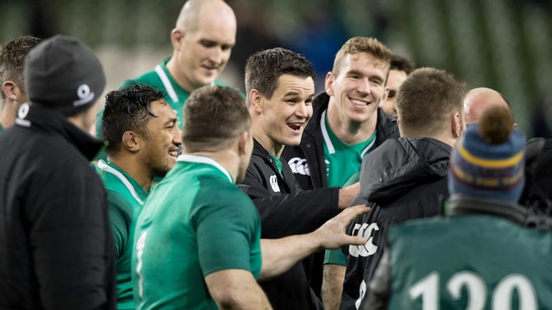 Ireland’s Johnny Sexton share a joke with team-mates after a win over Argentina. Ireland players should enjoy the occasion at the Olympic Stadium in Rome.  Photograph: Morgan Treacy/Inpho