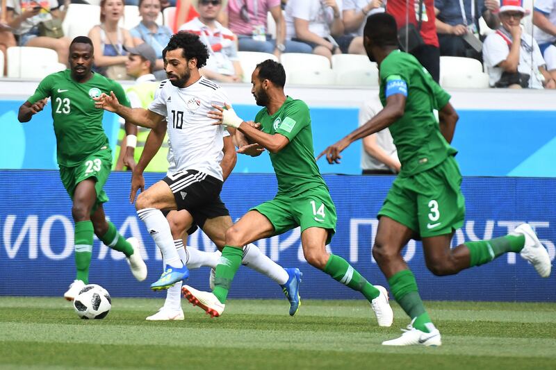 Mohamed Salah in action during the 2018 World Cup match against Saudi Arabia in Volgograd. Photograph: Philippe Desmazes/AFP via Getty Images