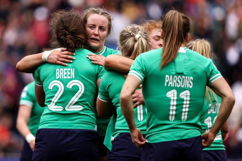 Ireland's Enya Breen shares a hug with Fiona Tuite after the final whistle at Twickenham. Photograph: Ben Brady/Inpho 