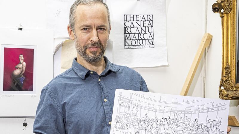 Artist Alan Clarke with  items from the Ross O’Carroll-Kelly collection. Photograph: Marc O’Sullivan