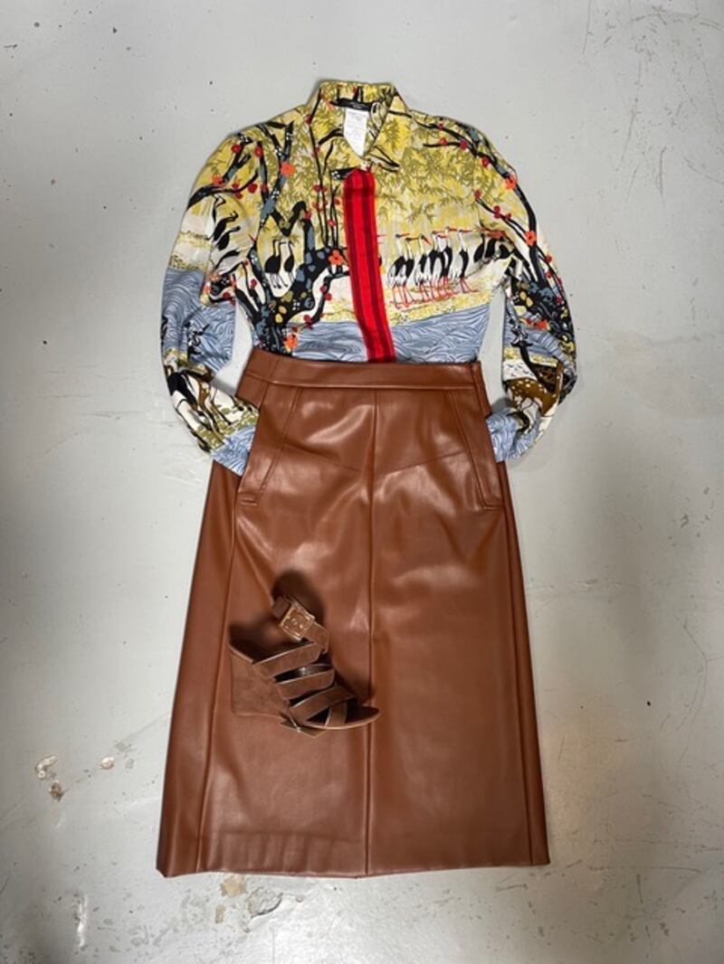 Faux leather skirt for €140, Max Mara shirt for €165 and Louis Vuitton shoes for €225 from The Cobbler's Wardrobe, Sandymount