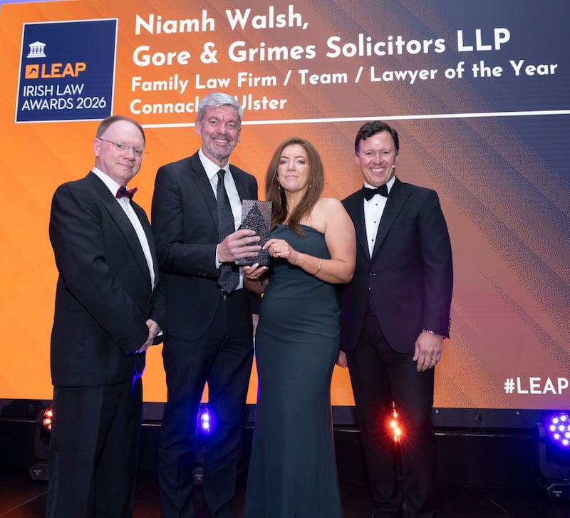 Richard Hammond, solicitor and partner at Hammond Good and chair of the judging panel of the Leap Irish Law Awards; Stuart Gilhooly, judge of the Leap Irish Law Awards; Niamh Walsh, partner and head of family law at Gore & Grimes Solicitors; and Anton Savage, MC of the night. Photograph: Paul Sherwood