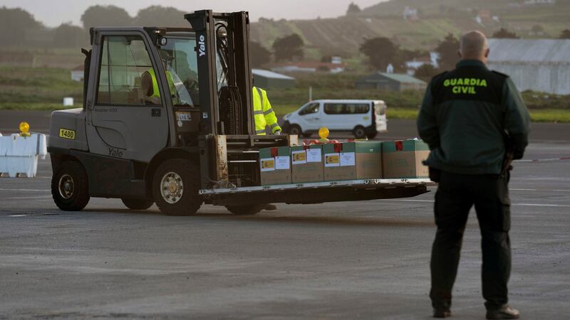 The first batch of Covid-19 vaccines arrive in Tenerife, Spain. Photograph: EPA