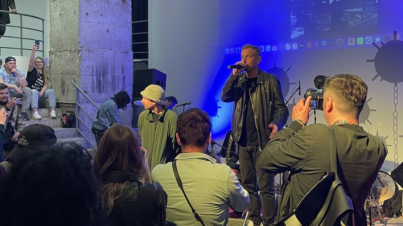 Ukrainian writer and singer Serhiy Zhadan at a concert called Music of Resistance, in a bunker in Kharkiv, eastern Ukraine