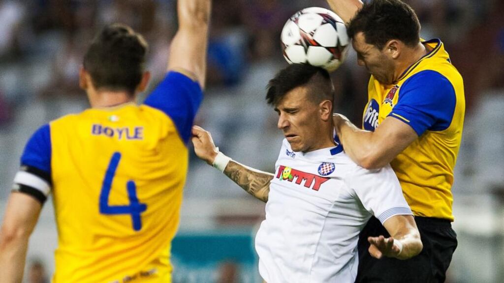 Dundalk’s Brian Gartland battles with Sandro Gotal of Hajhuk Split during their Europa League qualifier at Stadion Poljud, Split, Croatia, on Thursday night. Photograph: Inpho