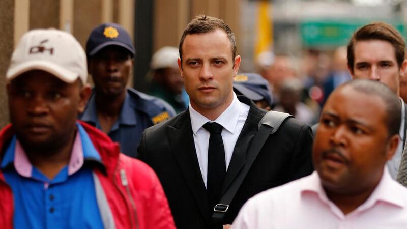 Olympic and Paralympic track star Oscar Pistorius arrives this morning  ahead of his continuing trial for the murder of his girlfriend Reeva Steenkamp, at the North Gauteng High Court in Pretoria, South Africa. Photograph: Siphiwe Sibeko/Reuters