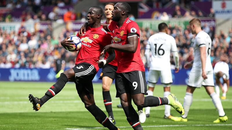 Eric Bailly celebrates scoring Manchester UNited’s opener with  Romelu Lukaku. Photograph: Nick Potts/PA
