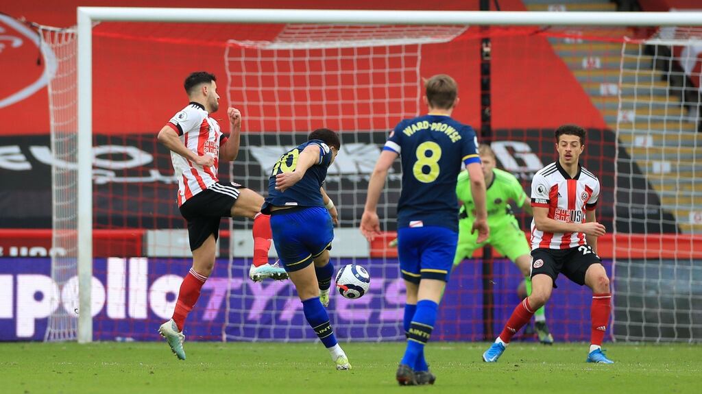 Southampton’s Che Adams scores their side’s second goal of the game during the Premier League win over Sheffield United match at Bramall Lane, Sheffield. Photo: Mike Egerton/PA Wire