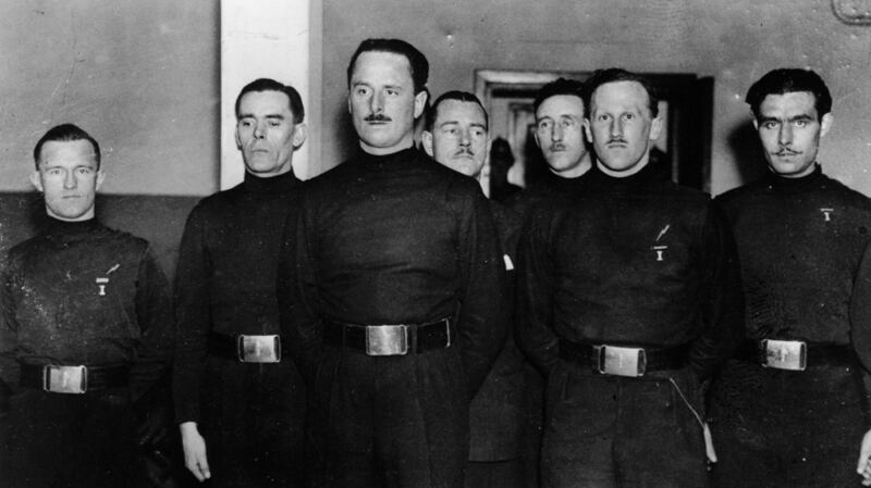 English Leader of the British Union of Fascists Oswald Mosley (1896 - 1980) with some of his men, including William Joyce (1906 - 1946), aka Lord Haw Haw (far left). Photograph:  Keystone/Getty Images