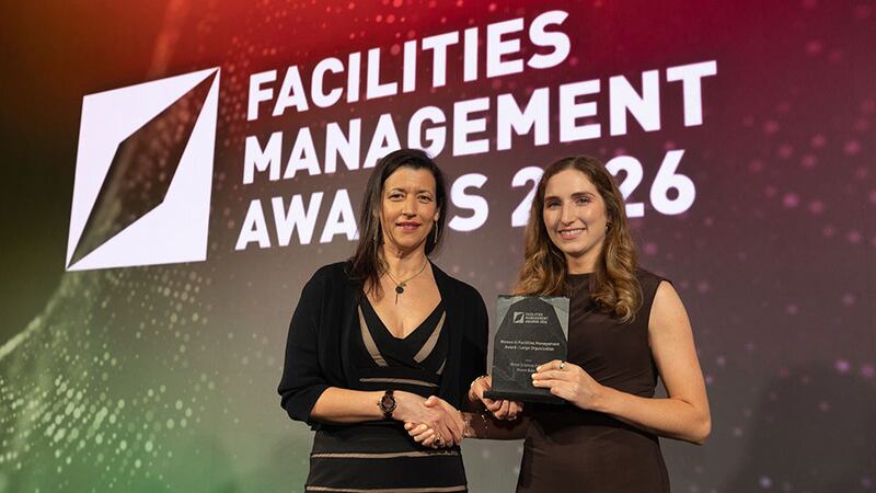 Ann Hughes, QHSE and risk director,  Mitie Ireland, presents the women in facilities management award – large organisation to Maeve Boland, Gilead Sciences Ireland
