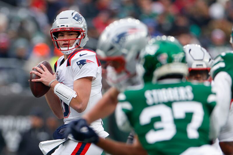New England Patriots quarterback Drake Maye during the second quarter against the New York Jets. Photograph: Danielle Parhizkaran/The Boston Globe via Getty Images