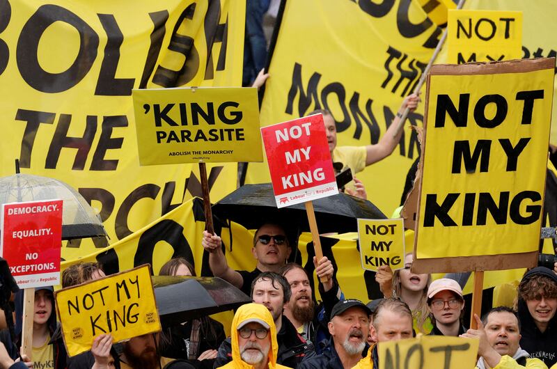 People protest on the day of the coronations of Britain's King Charles III and Britain's Camilla, Queen Consort, in London. Photograph: Piroschka van de Wouw/AFP via Getty Images
