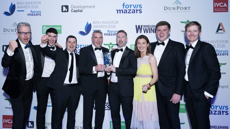 Leo Casey, Donagh Rice, Micheál Walsh, Joe Higgins, Chris Nixon, Aisling Byrne (chief executive, CWC Group), MJ Murphy, and Adam Crinion from BGF. Photograph: Paul Sherwood