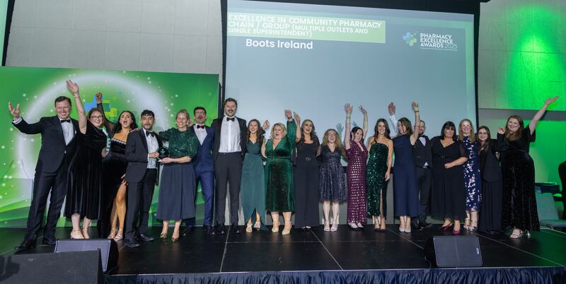 Anton Savage, MC of the awards; Lisa Byrne, manager at Boots Navan; Wiktoria Szczech, supervising pharmacist at Boots Navan; Said Danishani, regulatory affairs manager Boots Ireland; Grainne Henson, head of health sector at Bank of Ireland; Jorge Fernandez Gomez, supervising pharmacist at Boots Tallaght; Paddy Frost, support pharmacist at Boots Rathmines; Eimear Ni Ghiollagain, supervising pharmacist at Boots Rathmines; Niamh Saul, manager at Boots Tallaght; Eimear McElheron, dispenser at boots;May Lambert, Boots Omni; Michelle Spellman, Boots Omni; Aidene Browne, supervising pharmacist at Boots Roselawn; Justyna Sobcyzk, dispenser at Boots Roselawn; Daniel O’Neill, supervising pharmacist at Boots Gorey; Caitriona Browne, Boots Rathmines; Sarah Mackessy, supervising pharmacist at Boots Wellpark; Bianca Monteiro, dispenser at Boots Rathmines and Jane Taylor, support pharmacist at Boots Wellpark. Photograph: Paul Sherwood.