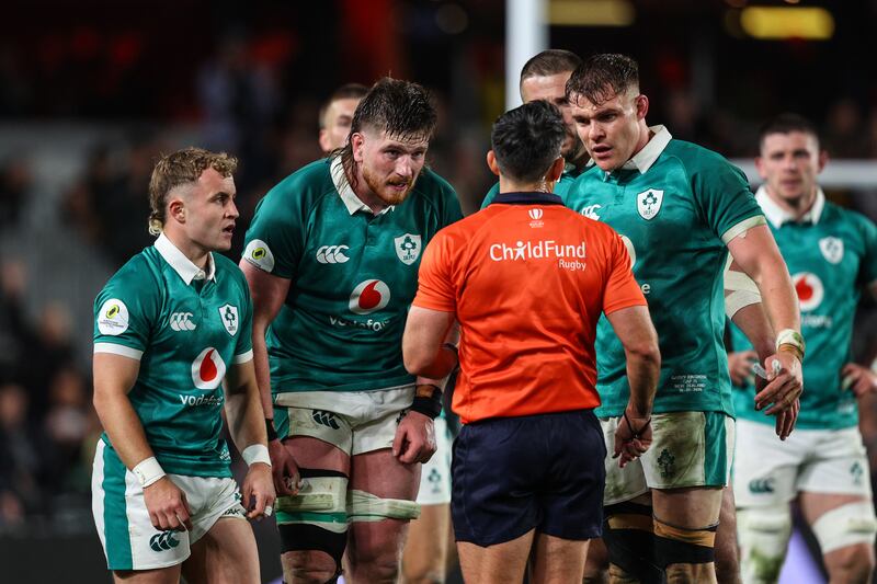 Ireland's Craig Casey, Joe McCarthy, Stuart McCloskey and Garry Ringrose protest to referee Nic Berry after the final whistle. Photograph: Ben Brady/Inpho