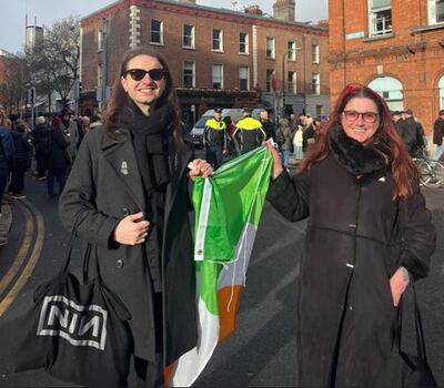 'It’s a very emotional day': James and Maria Coogan at the funeral procession for Shane MacGowan in Dublin. Photograph: Jade Wilson