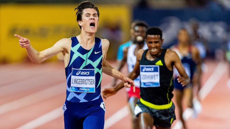 Jakob Ingebrigtsen wins the Diamond League 5,000 metres in Florence in June 2020. Photograph: Marco M Mantovani/Getty Images
