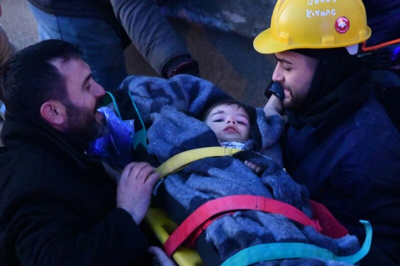 Forty hours after being trapped under a collapsed building in Gazianstep, Turkey, a mother, father and a pair of one-year-old twins were rescued. Photograph Adsiz Gunebakan/Anadolu Agency via Getty Images