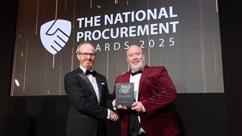 Michael Walls, awards judge, presents the best education, training or people development award award to Richie Hunt, Uisce Éireann.

