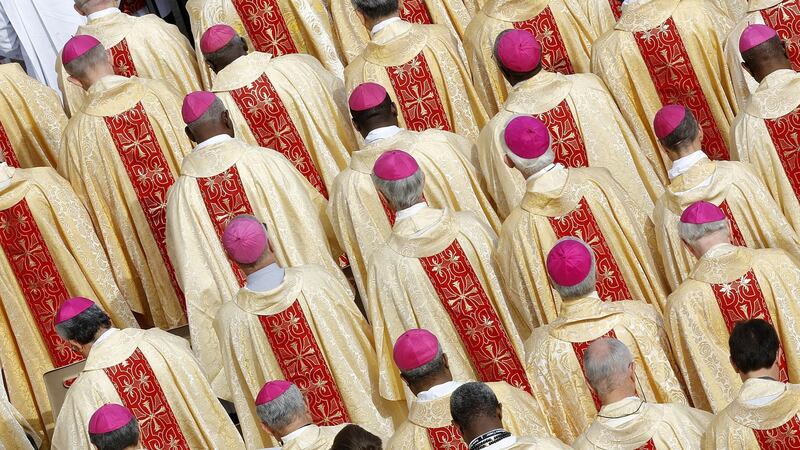 Bishops attend a canonisation ceremony of four new saints  in St Peter’s Square, Vatican City. Photograph: Giuseppe Lami/EPA