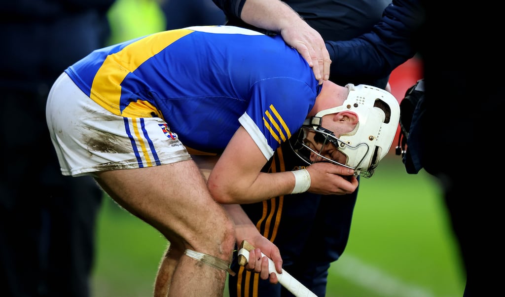 Loughrea’s Cullen Killeen was upset after being sent off late into Sunday’s All-Ireland club SHC semi-final against Slaughtneil at Parnell Park, Dublin. Photograph: Ryan Byrne/Inpho