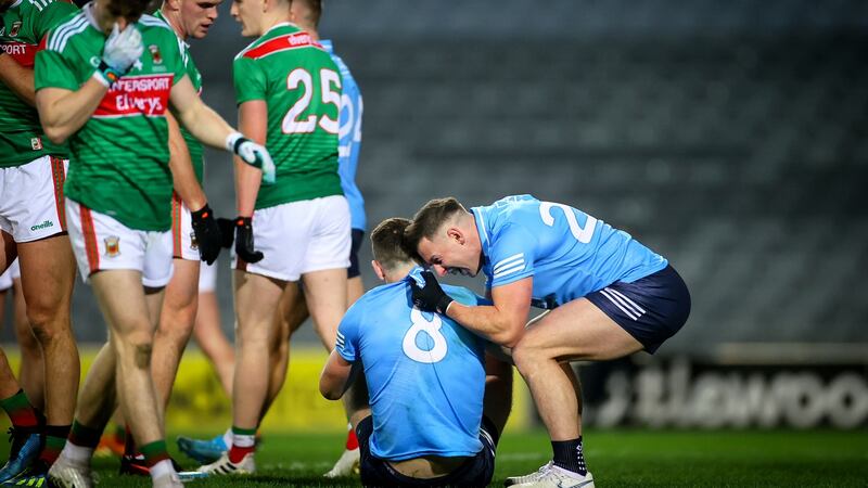Dublin’s Brian Fenton celebrates with Philly McMahon at the final whistle after beating Mayo to win the All-Ireland SFC final at Croke Park. Photo: James Crombie/Inpho