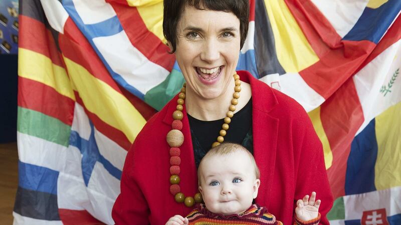 Eight-month-old Aoibhe Ryan  with Aislinn O’hEocha, executive artistic director of Baboró International Arts Festival for Children. Photograph: Andrew Downes