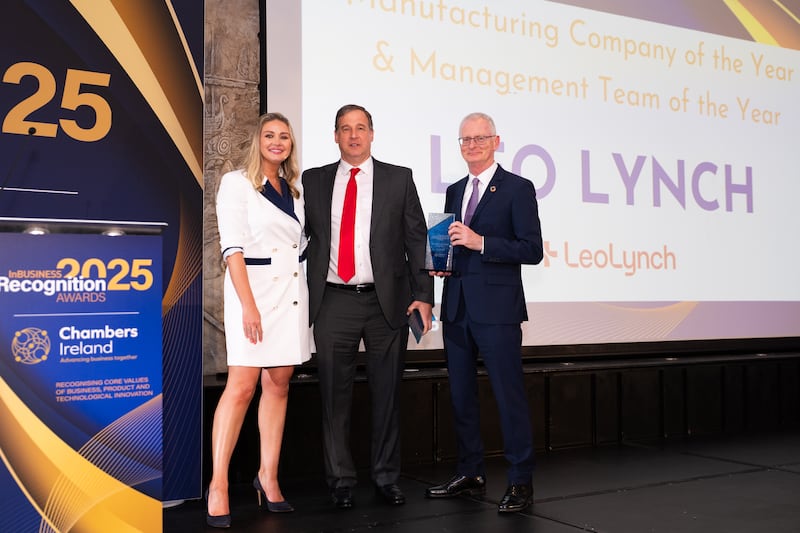 Anna Daly, MC of the awards; Brian Priestley, engineering director and Ian Talbot; chief executive of Chambers Ireland. Photographer: Ruben Morrissey-Fernandez/Ruby Productions