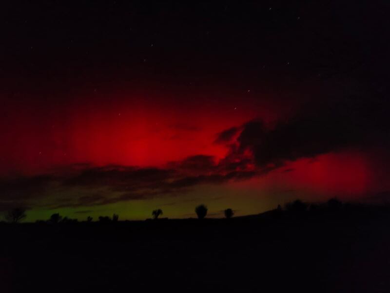Red and green light in the sky above Tullogher, Co Kilkenny on Monday night. Photograph: Siobhán Kennedy