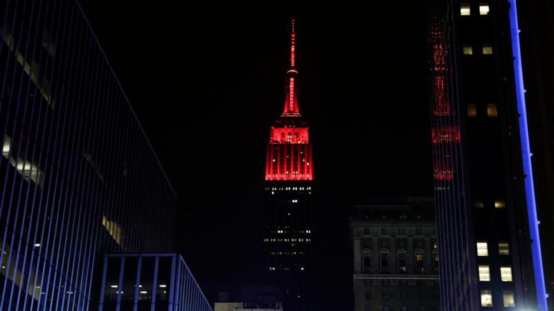 The Empire State Building in New York last night lit up in red for the US Republican party which has taken  control of the US Senate from the US Democrats party. Photograph: Jason Szenes/EPA