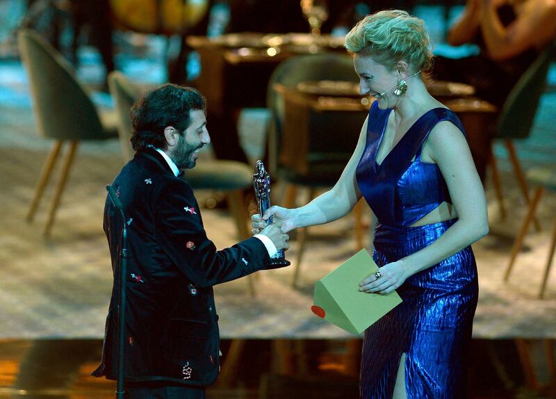 Marcello Fonte receiving  Best European Actor award for ‘Dogman’. Photograph: Cristina Quicler/AFP/Getty Images