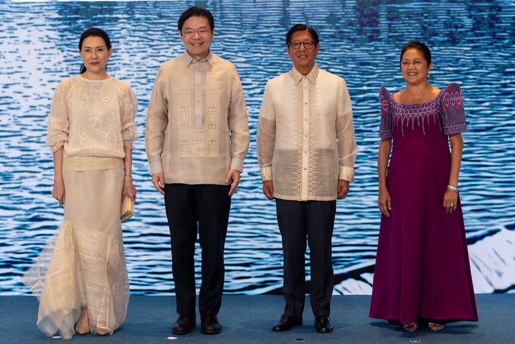 Singapore prime minister Lawrence Wong (second from left) and his wife Loo Tze Lui with Filipino president Ferdinand Marcos jnr and his wife Liza Araneta Marcos before the gala dinner at the Asean summit in Cebu, the Philippines last Friday. Photograph: Eloisa Lopez/Pool/Getty Images