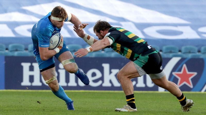 Leinster’s Ryan Baird is tackled by Sam Matavesi of  Northampton during the Heienken Champions Cup game at the RDS. Photograph: Bryan Keane/Inpho