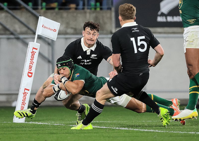 South Africa's Cheslin Kolbe dives in to score a try. Photograph: Grant Down/AFP via Getty