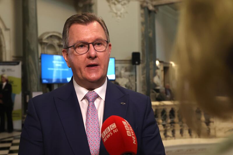 DUP leader Jeffrey Donaldson at Belfast City Hall during the Northern Ireland council elections. Photograph: Liam McBurney/PA 