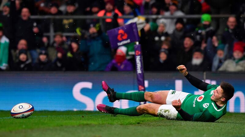 Ireland’s wing Jacob Stockdale scores their third try. Photograph: Getty Images