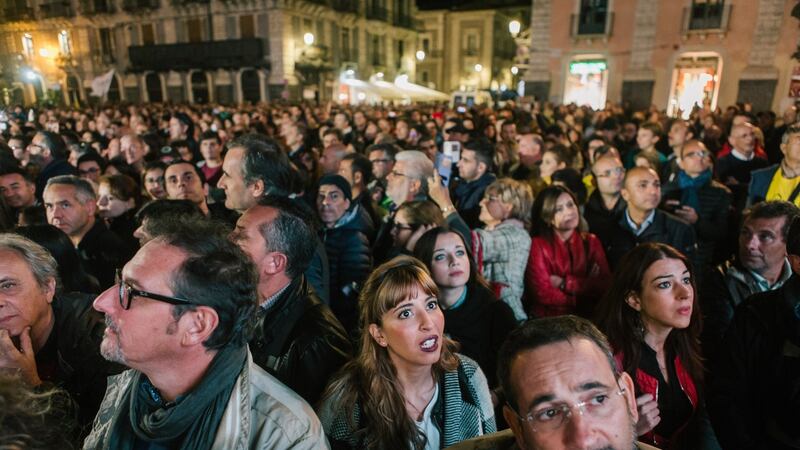 Five Star supporters at a rally in Catania, Sicily, on October 28th. Photograph:  Gianni Cipriano/The New York Times