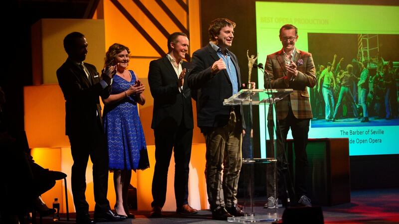 05/03/2017 Theatre Awards  Fergus Sheil speaking for Best opera The Barber of Seville by Wide Open Opera's production of Gioachino Rossini's work at   the Irish Times Irish Theatre awards at the National Concert Hall. Photograph: Cyril Byrne / THE IRISH TIMES