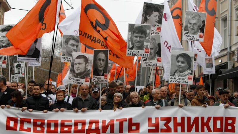 Protesters demanded the release of political prisoners including anti-government activists detained in Moscow’s Bolotnaya Square on May 6th, 2012, the eve of President Vladimir Putin’s inauguration. The banner reads “To release prisoners”. Photograph: Maxim Shemetov/Reuters