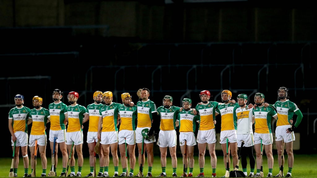 Offaly line up for the Allianz League clash against Laois in O’Moore Park. Photograph: Ryan Byrne/Inpho