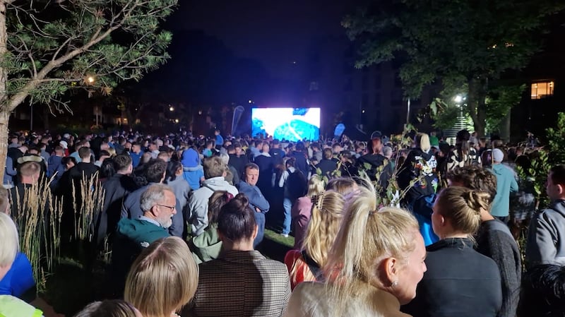 Crowds gather at Gardiner/Sean MacDermott Street in Dublin 1 to watch Kellie Harrington in the women's 60kg final at the 2024 Paris Olympic games